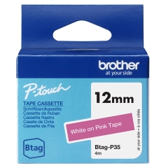 Brother Btag P35 Merketape 12mm Hvit på Rosa 12mm 4m